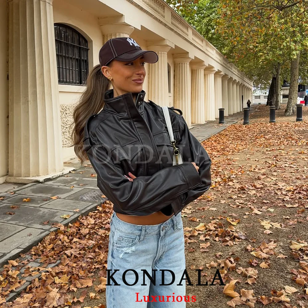 Kondala casual chique jaquetas bomber de couro preto feminino manga longa bolsos zíper botões casaco moda 2025 outono inverno jaqueta