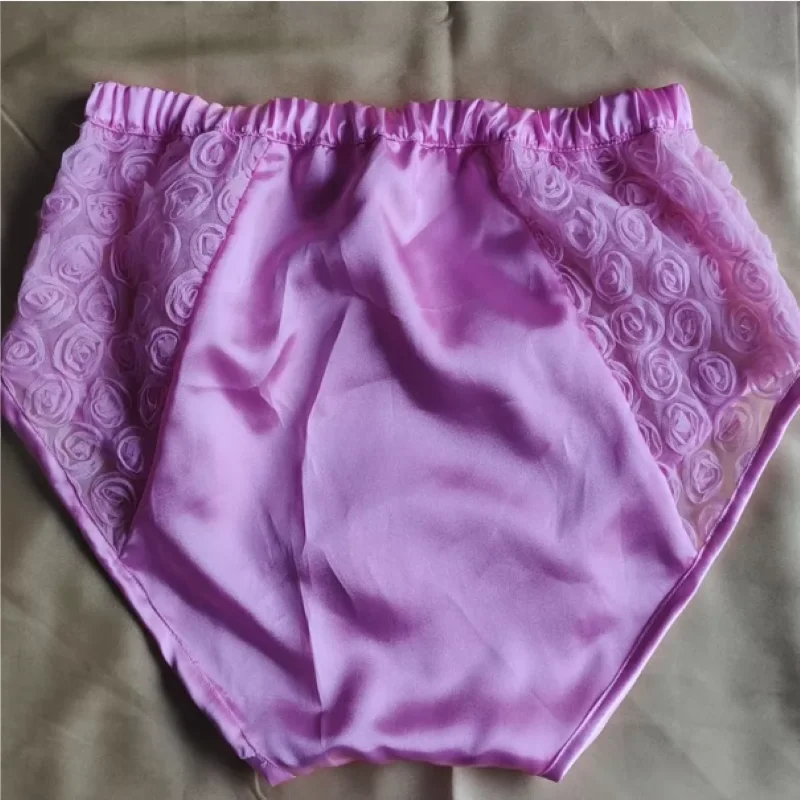 Men's Sexy Briefs Satin 3D Rose pattern Gay Floral See Through Silky Soft Convex Pouch Underwear Hi​gh Waist Sissy Lingerie