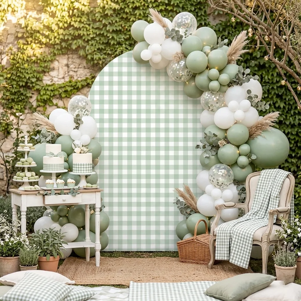Housse de fond de scène personnalisée double face à motif écossais vert sauge Silly Goose pour fête d'anniversaire d'enfants, baby shower, décoration de mariage