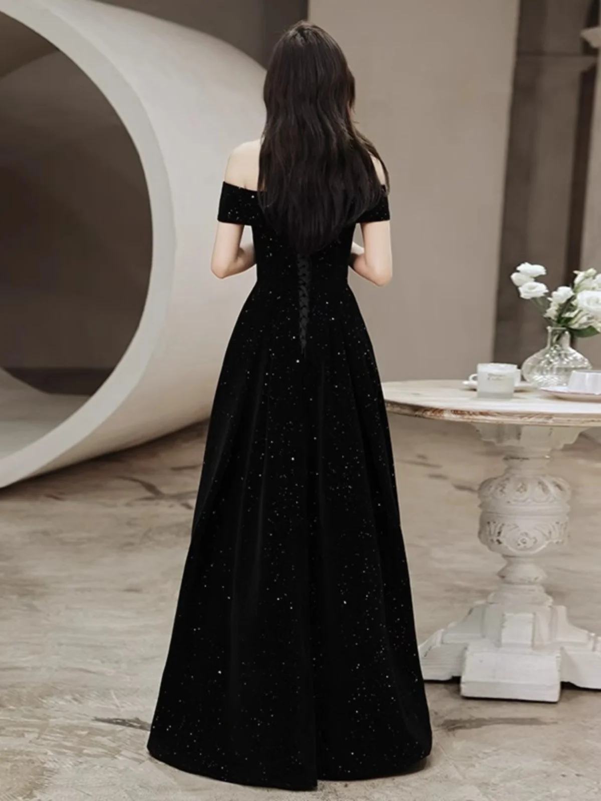 

2025 New Sle Velvet One oulder Long Evening Dr Bla Host Gown Starry Theme Summer Ele Floor Length Dr