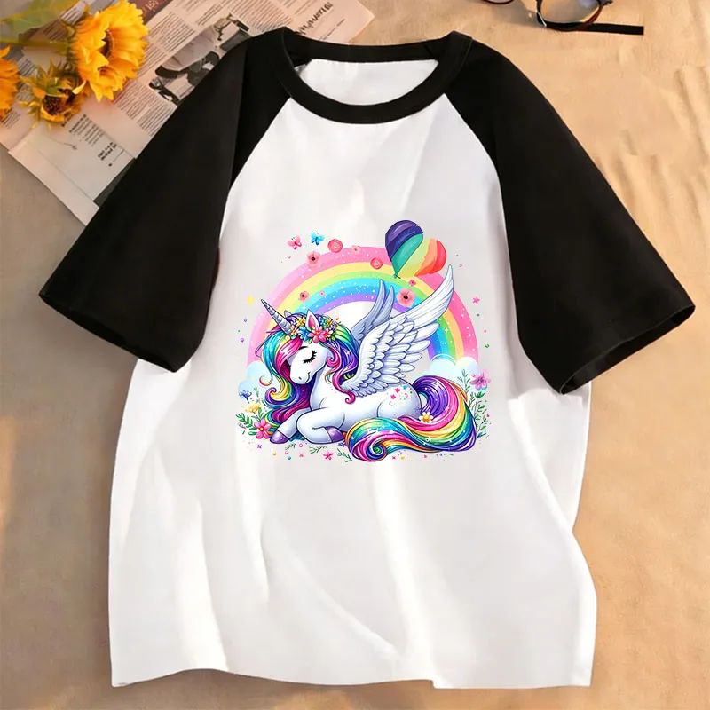 Fashion Rainbow Unicorn Horse Design T-Shirt Printed T Shirt Girls' Summer Short Sleeve Tops T-Shirts Cute Kids Clothing