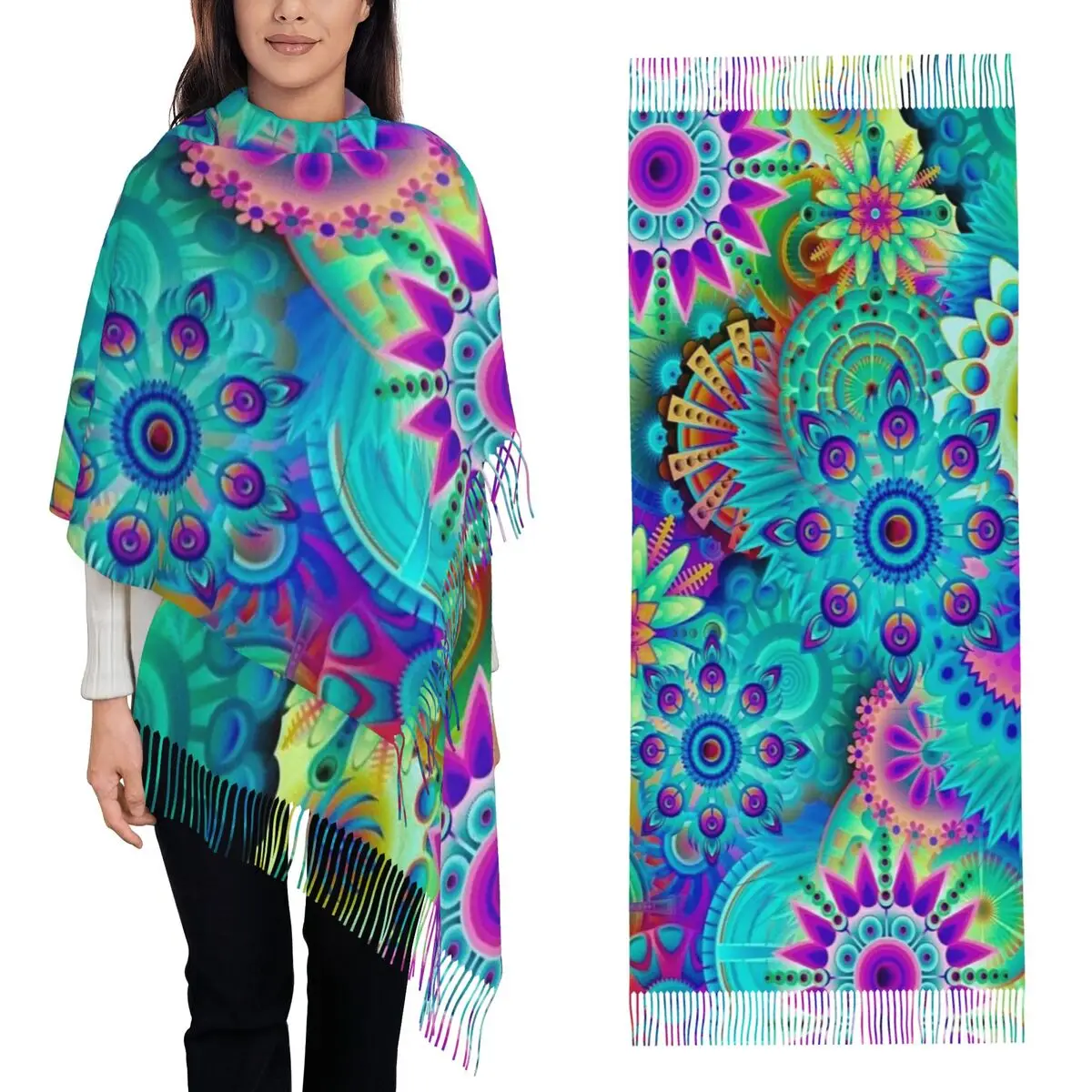 

Psychedelic Summer Color Mandala Print Scarf Tassel Scarves for Women Soft Warm Shawls and Wraps Long Fall Winter Shawl Wrap