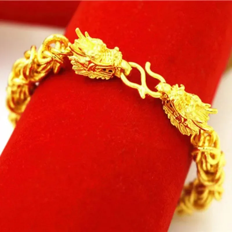 Men's Fashion 24K Real Gold Twist Dragon Head Bracelet Au9999 Pure Gold Back Buckle Bracelet Overbearing Gift to Boyfriend