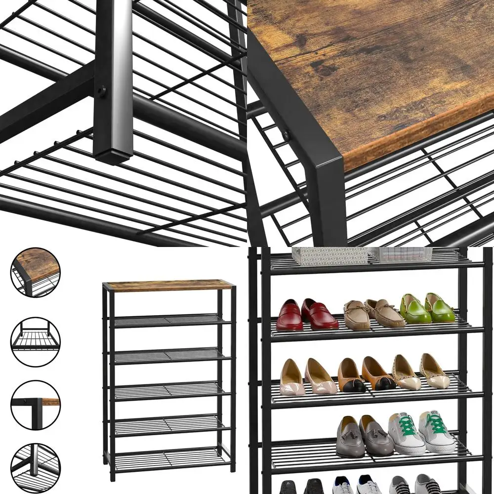 

6-Tier Rustic Brown Metal Shoe Rack for Compact Storage in Closets and Entryways