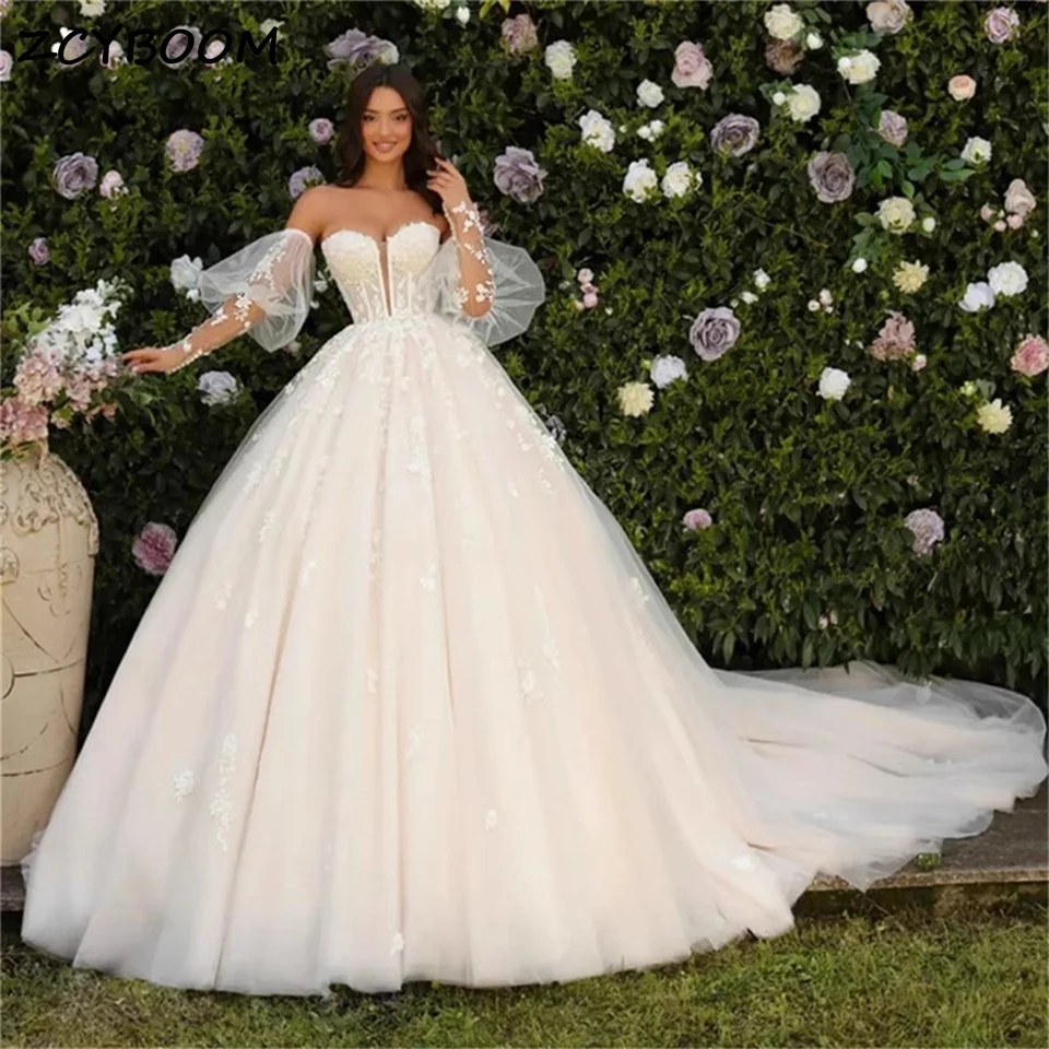 

Charming Strapless Detachable Sleeves Tulle Ball Gown Wedding Dresses For Women 2024 Court Train Bridal Gowns Vestidos De Novia