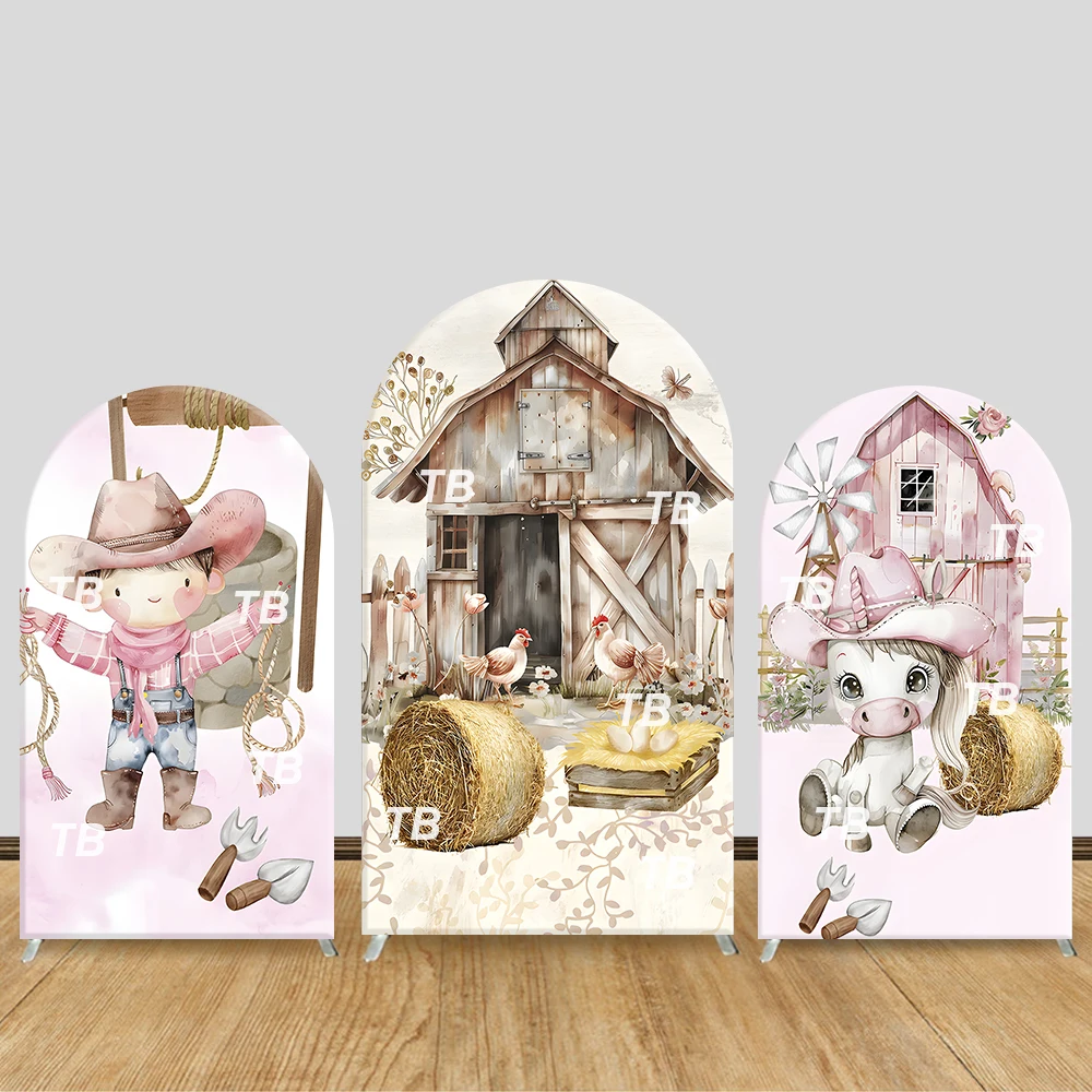 

Pink Farm Theme Arch Backdrop Cover Cowboy Girl & Barn Animal Kids Party Decor Photo Booth Background Supplies