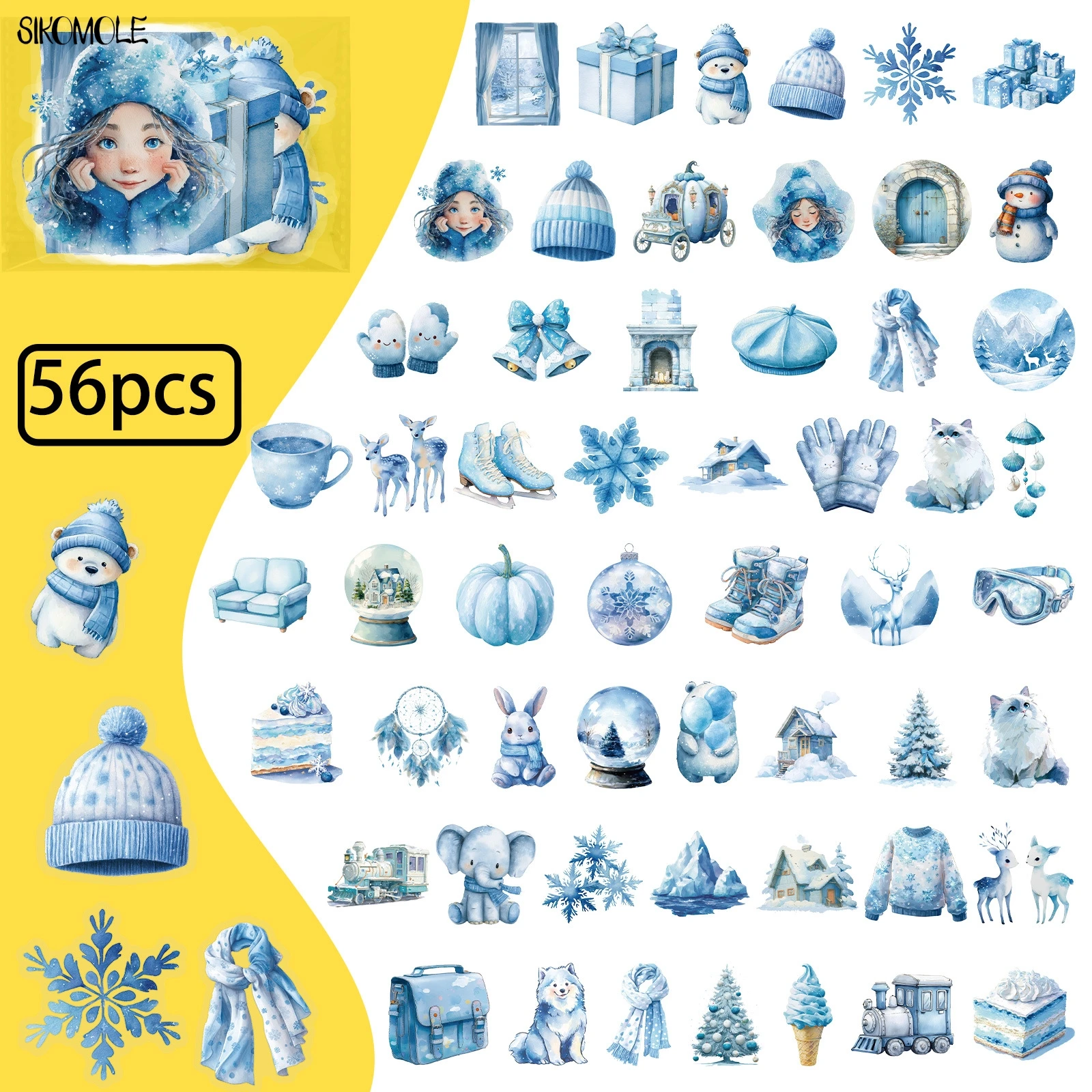 Paquete de 56 Uds de pegatinas transparentes de dibujos animados azules para invierno, Material impermeable para contabilidad de mascotas, pegatina decorativa de grafiti para cuaderno de coche