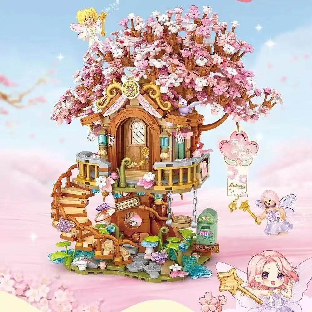 Casa del árbol de flor de cerezo romántica rosa, Mini partículas de bloques de construcción Diy, casa del árbol púrpura, juguete de ladrillo, regalos de navidad para niñas