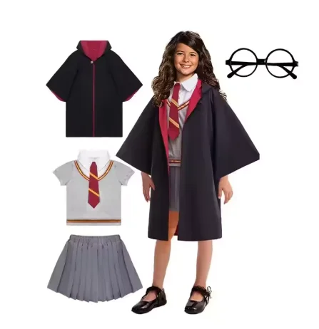 

4PCS Kids Wizard Cosplay Costume Set Children's Set Solid Color T-shirt+Skirt+Cloak Girls' Dress Three Piece SetCostume Movie Ch