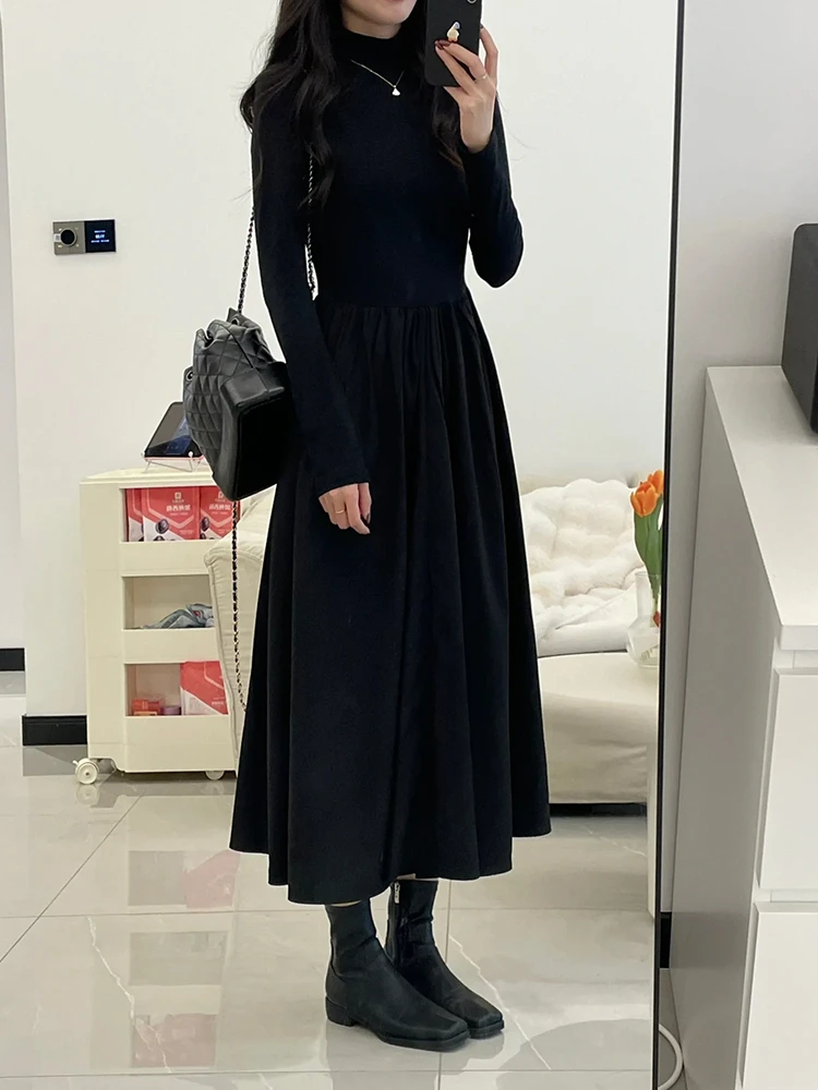 

2024 Autumn/Winter New Women's Dress Commuter Casual Splicing Knitted High Neck Slim Fit Dress