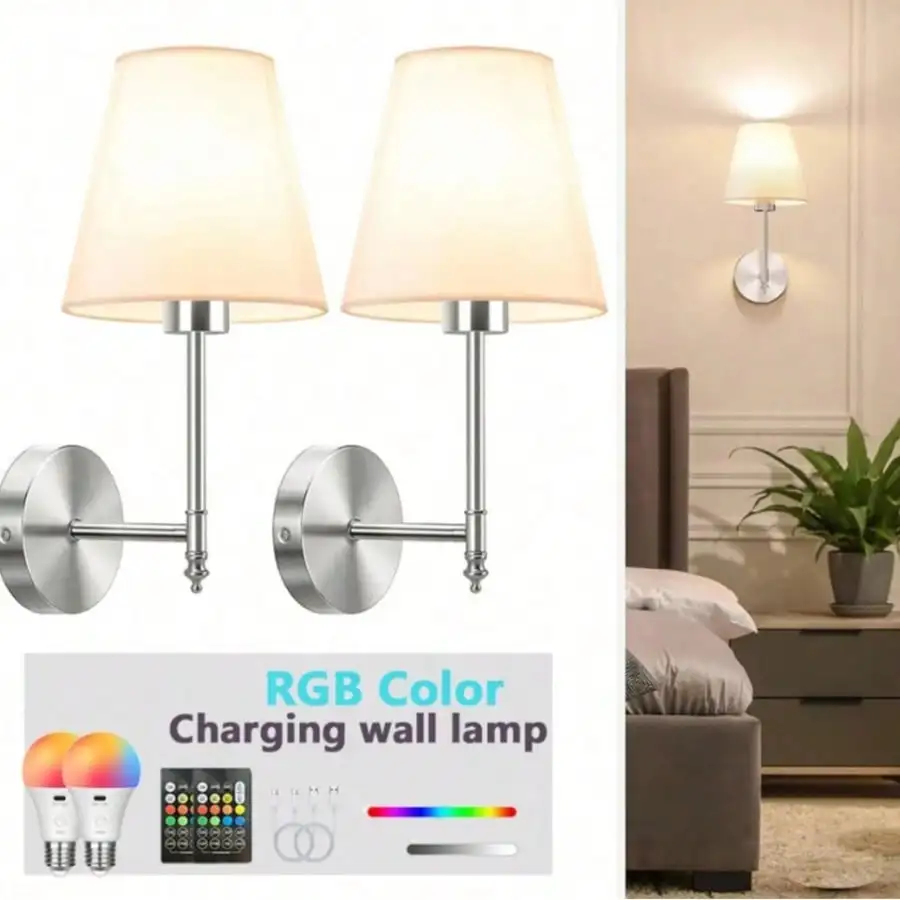 2pcs Cordless Wall Lamps With Rechargeable Dimmable LED And Remote Control - Wireless Plug And Play, Modern Semi-Recessed Metal Wall Sconces For Bedroom, Living Room, Hallway (No Wiring Required) - Batteries Included
