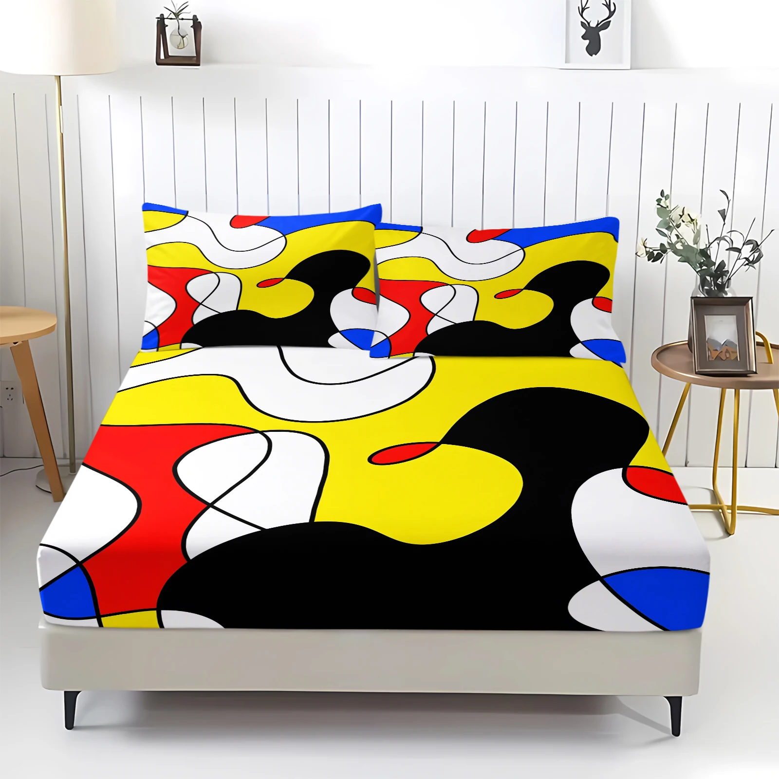 Abstract Geometric Color Block Fitted Sheet Set 3PCS Elastic Mattress Cover Non Slip Deep Pocket Bedding Set With 2 Pillowcases