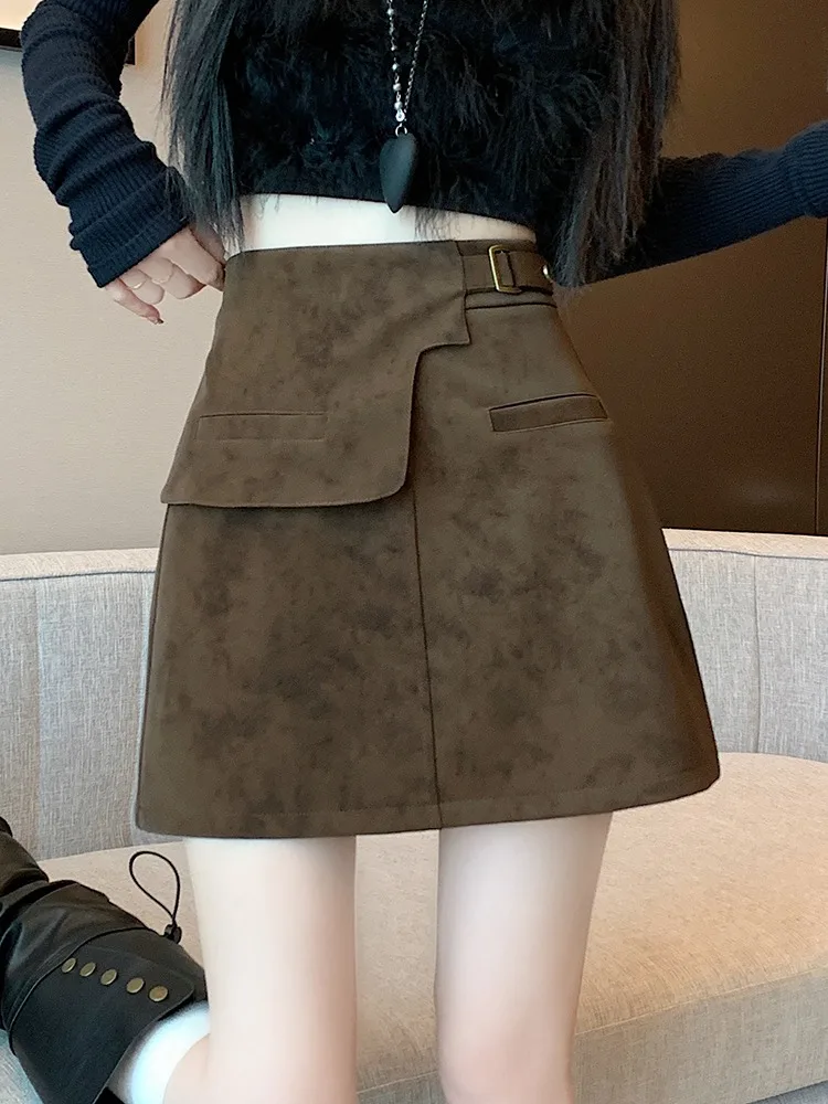 

Американская замшевая юбка с высокой талией, женская, весна-осень, новая, в стиле ретро, асимметричная, А-силуэт, облегающая, короткая юбка