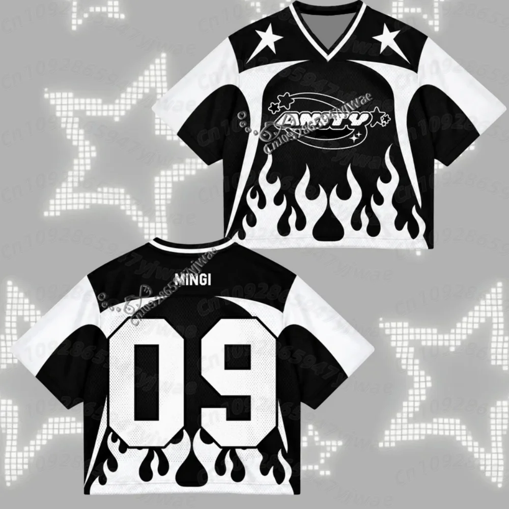 2026 Summer Men Ateez Football Jersey,26 World Tour In Your  ATINY Black & White Flame Mesh Jersey San Fans MEN T-SHIRT