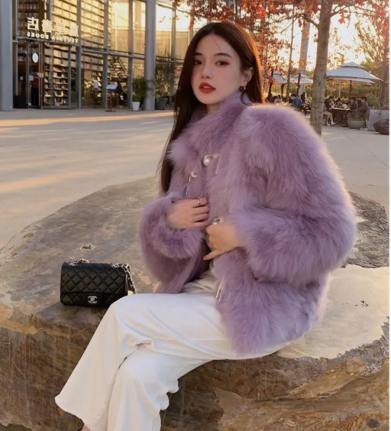 Korea Luxury Women Winter Top Fashion Faux Fox Fur Coat Elegant Thick Stand Collar Warm Outerwear Fake Fur Female Casual Jacket