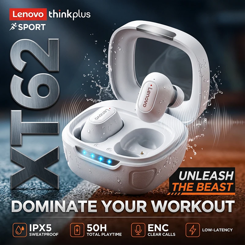 Écouteurs Bluetooth Lenovo Hot XT62 TWS, écouteurs haute fidélité avec microphone HD, écouteurs de conversation, écouteurs de sport, nouveauté 2026