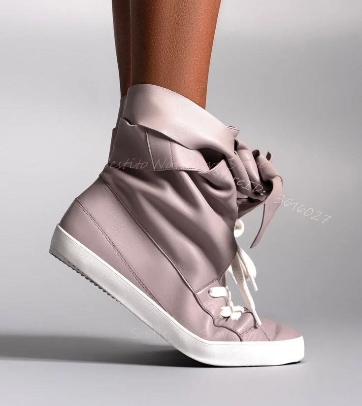 

Flat Leather Sneakers Lace Up Ankle Cross Straps Bow Round Toe Fashion Women All Season Daily Casual Comfort Shoes