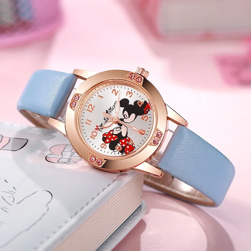 Disney Mickey Mouse Cute Fashion Cartoon Children's Watch Leather Strap Suitable for Boys and Girls Quartz Watch Festival Gift