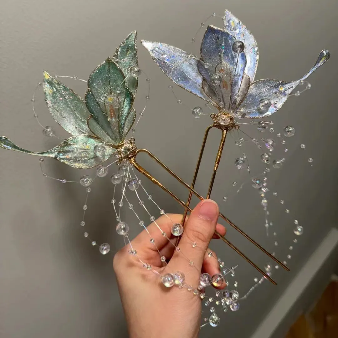 Fashionable retro Hong Kong style bright colored butterfly hairpin, trendy, luxurious, high-end, U-shaped hairpin, sweet