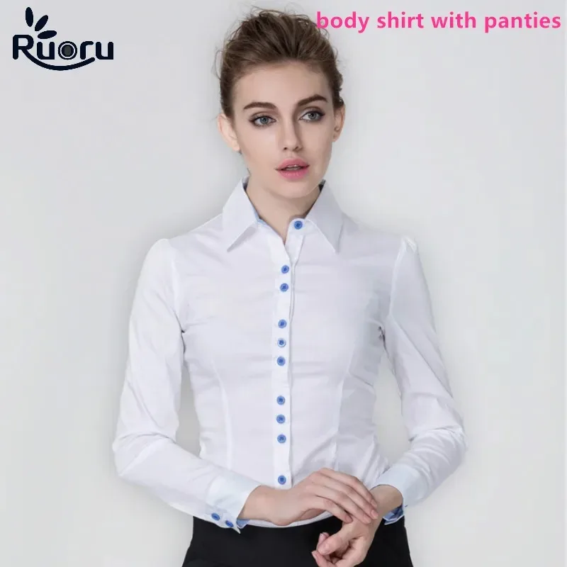 

Ruoru Women Bodysuits Long Sleeve Bodycon White Blouse Shirt Office Lady Work Formal Body Shirts Female Fashion Autumn Winter