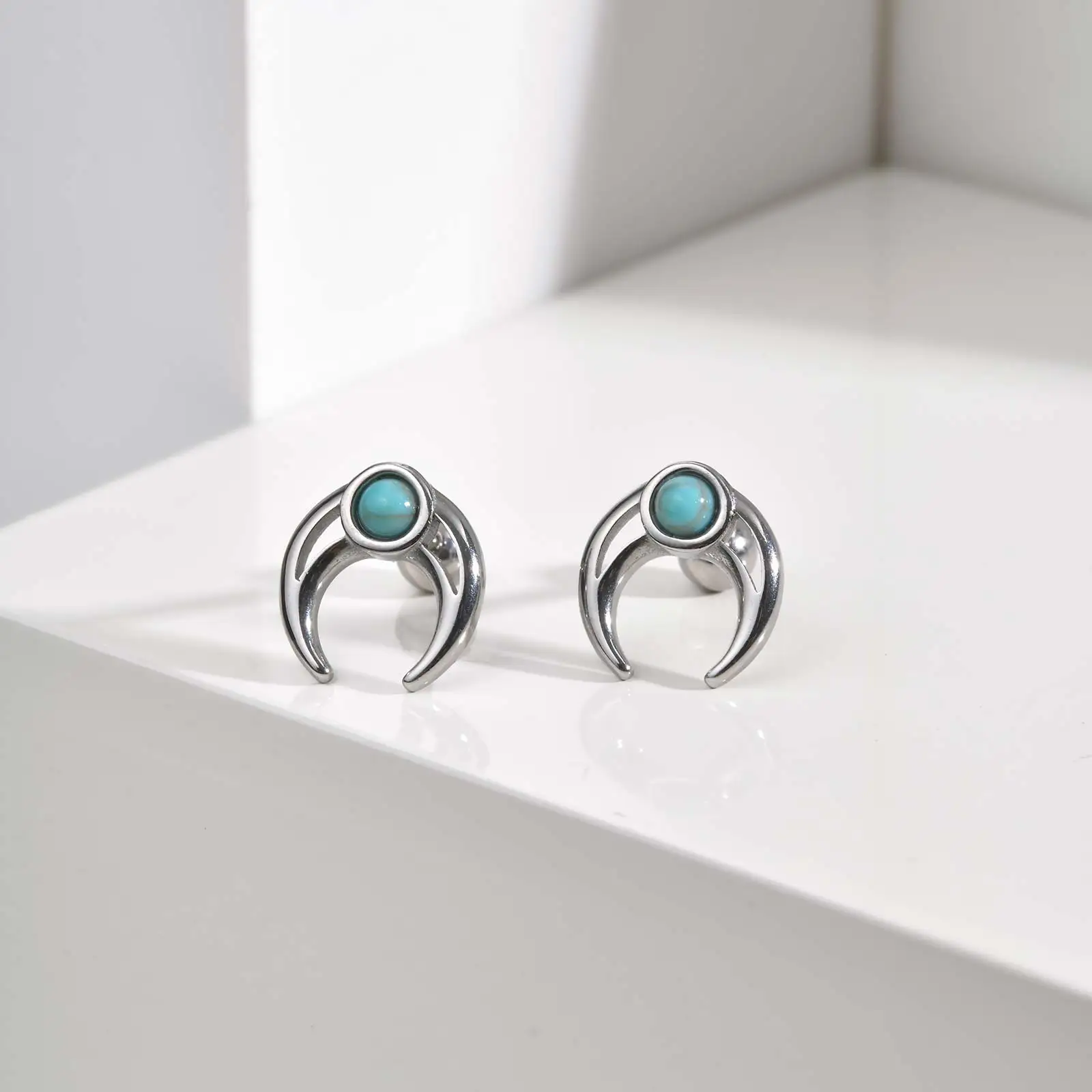 

Stainless Steel Moon Turquoise Earring for Women Men,Silver Color Natural Stone Stud Earring,Unique Jewelry Gift