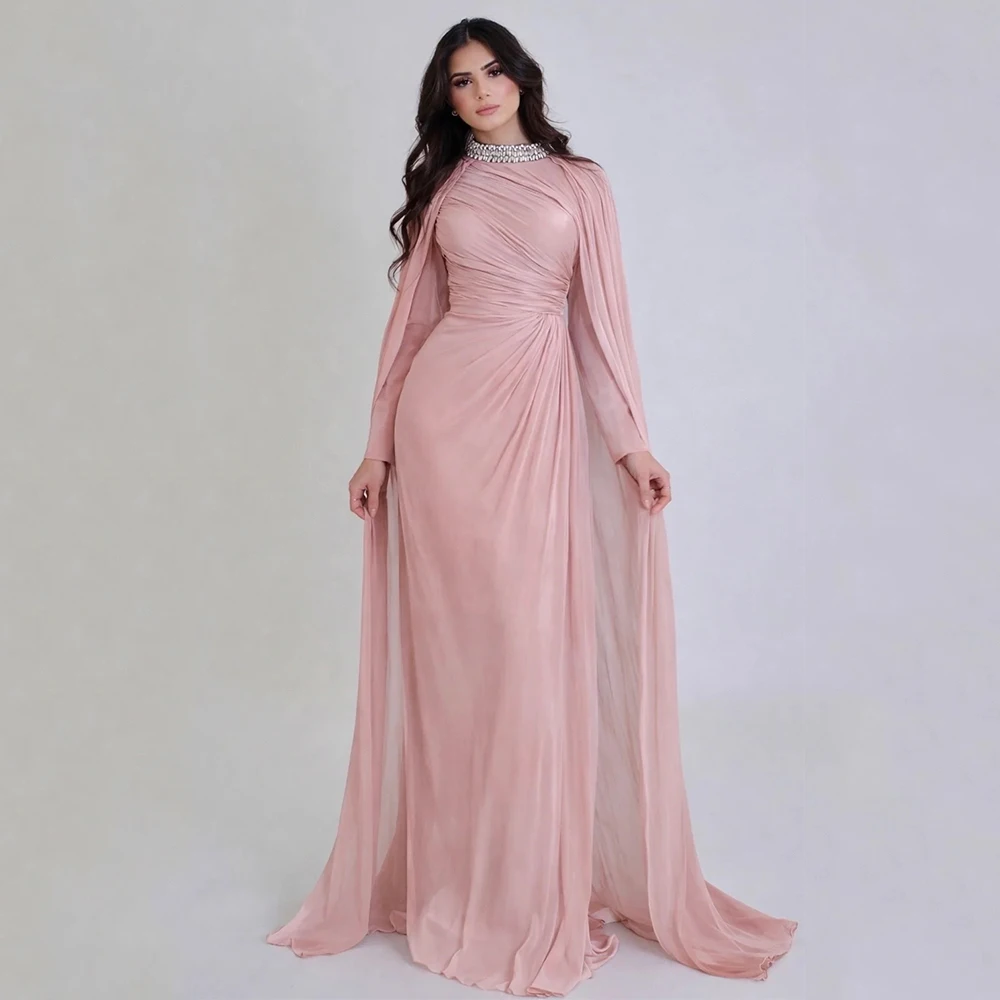 Maßgeschneidertes Dezentes Abendkleid Kristall-Hochkragen Langarm Hochzeitsgast-Kleid Langes Drapiertes Plissiertes Elegantes Formelles Partykleid