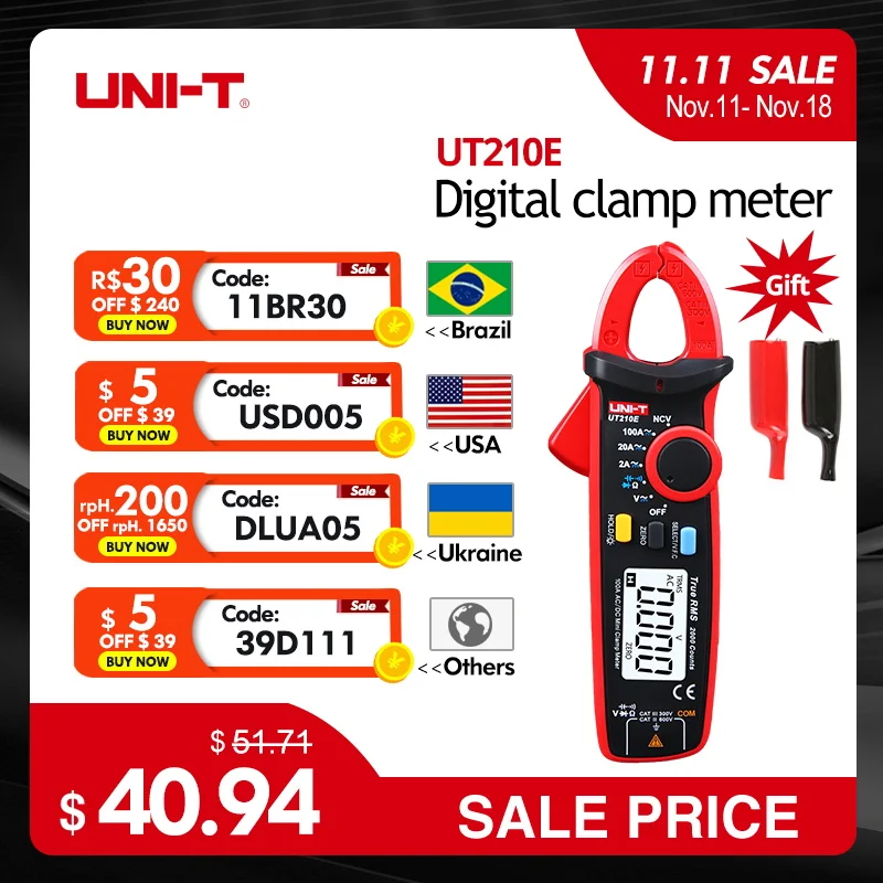 UNI-T UT210E Mini Digital Clamp Meter AC DC Current Pliers Ammeter Voltmeter Clamp Multimeter Tester Frequency Meter