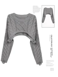 Women Grey Pullover Sweater 90s Aesthetic Y2k Vintage Hollow Out Long Sleeves O-Neck Knitted Jumper Sweaters 2000s Clothes 2024