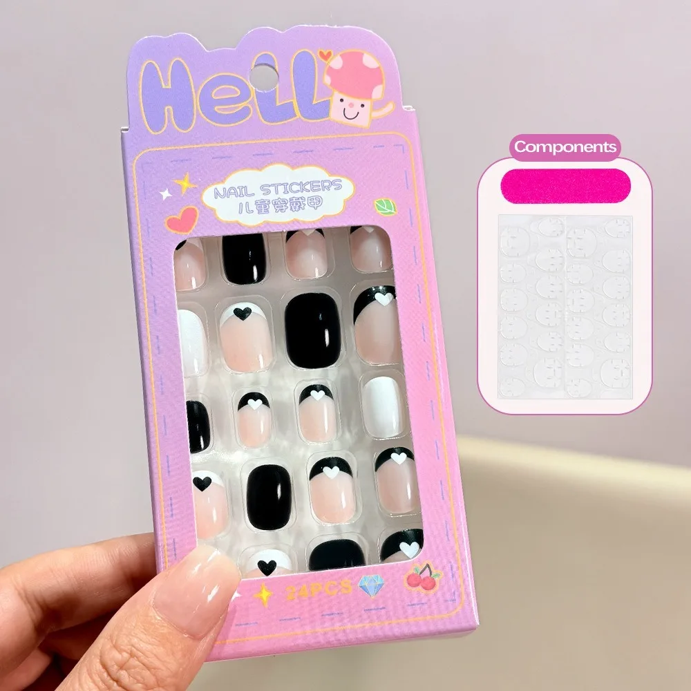 24Pcs/Box Cartoon Kids Press on Nails French Candy Colors Tips False Nails Black Flower Almond-shaped Full Cover Fake Nails