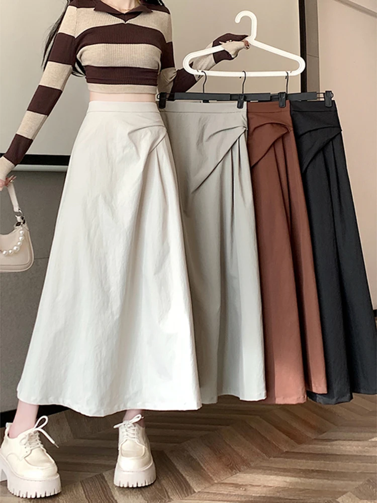 2025 Women New French Style Midi Skirt Summer Textured Pleated High Waist Elegant Simple Slimming Versatile Long Skirt