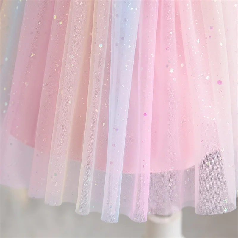 Infant Girl Rainbow Mesh Tulle Dress Sequin Girl Birthday Party Princess Dresses Baby Girl Sling Sleeveless Bowknot Tutu Dress