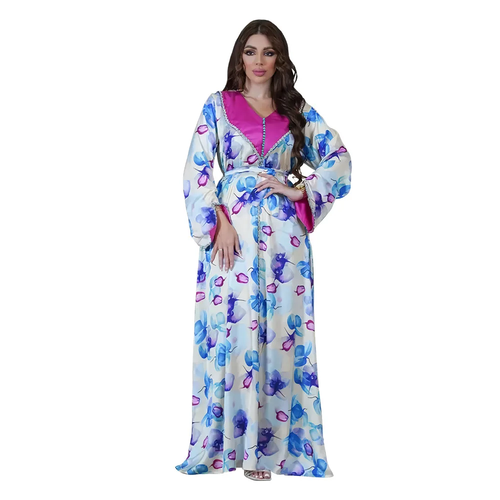 

Eid Satin Lapel Women Abaya Diamond V-neck Long Dress Jalabiya Split Sleeves Loose Robe Retro Floral Print Caftan Party Vestidos