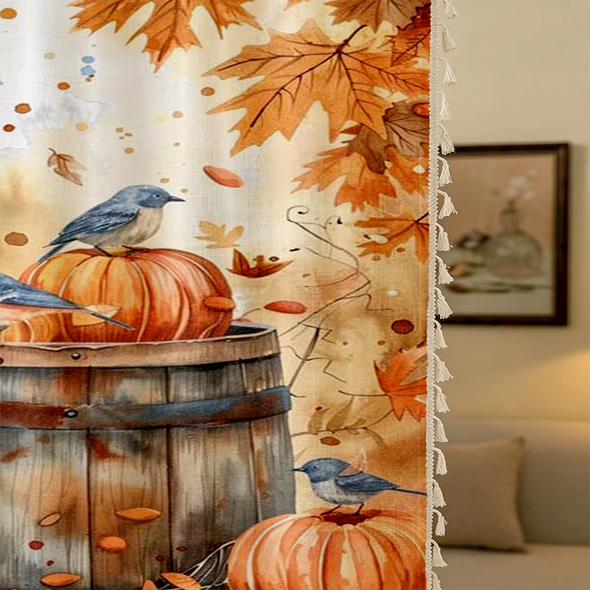1PC Thanksgiving Fall Tassel Sheer Curtains, Bluebird Barrel Pumpkin Maple, Digital Print, Polyester, Bedroom Decor Rod Pocket