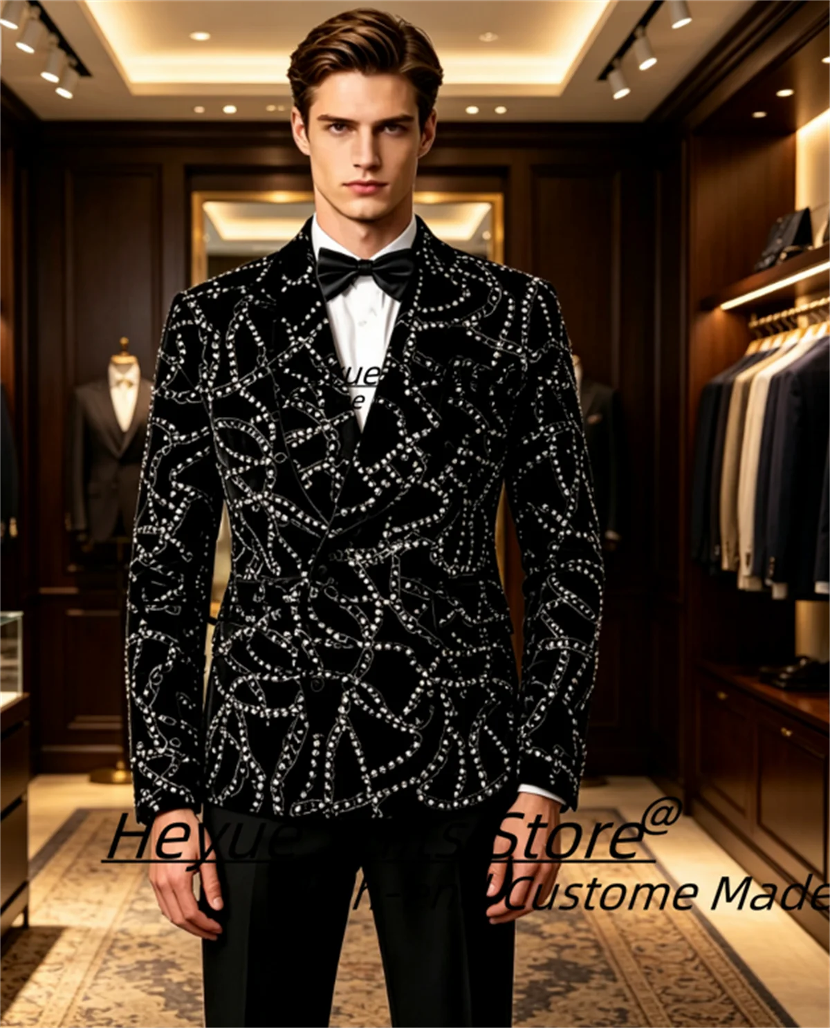 Shiny Rhinestone Men Suits Customized Luxurious  Double Breasted Groom Wedding Tuxedos 2 Pcs Sets Male Party Blazers Ropa Hombre