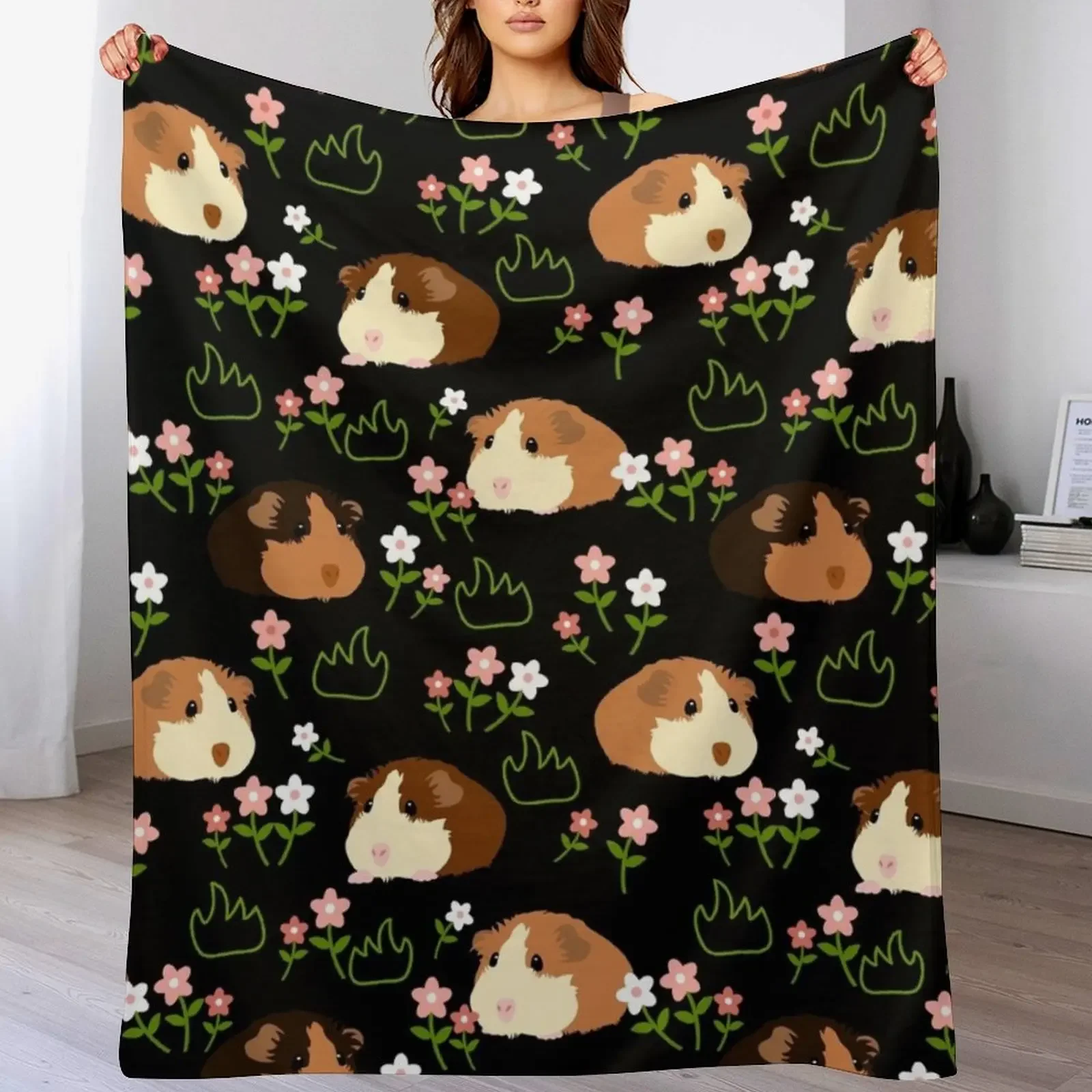 Guinea Pig and Flowers - Black Throw Blanket Faux Fur Soft Warm Blanket for Bed