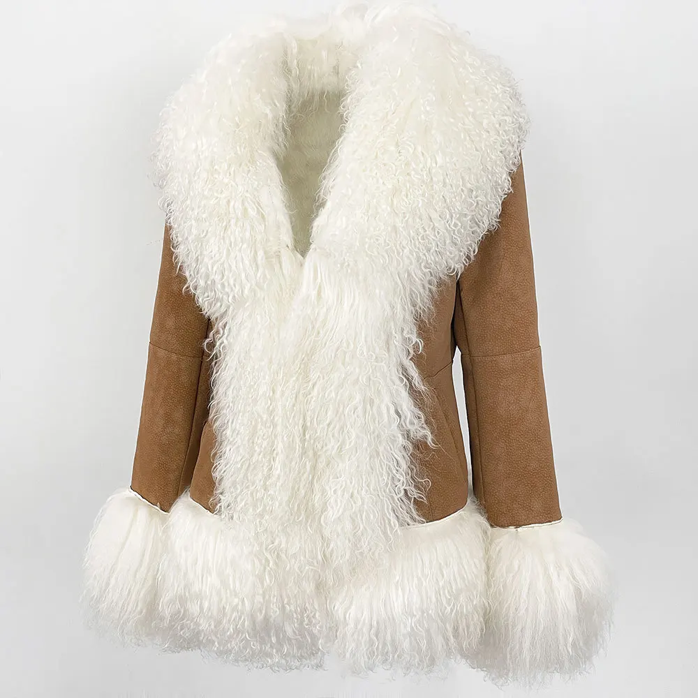 

Women Winter Luxury Sheep Fur Coats Mongolian Fur Leather Jackets with Long Sleeve with Mongolian Fur