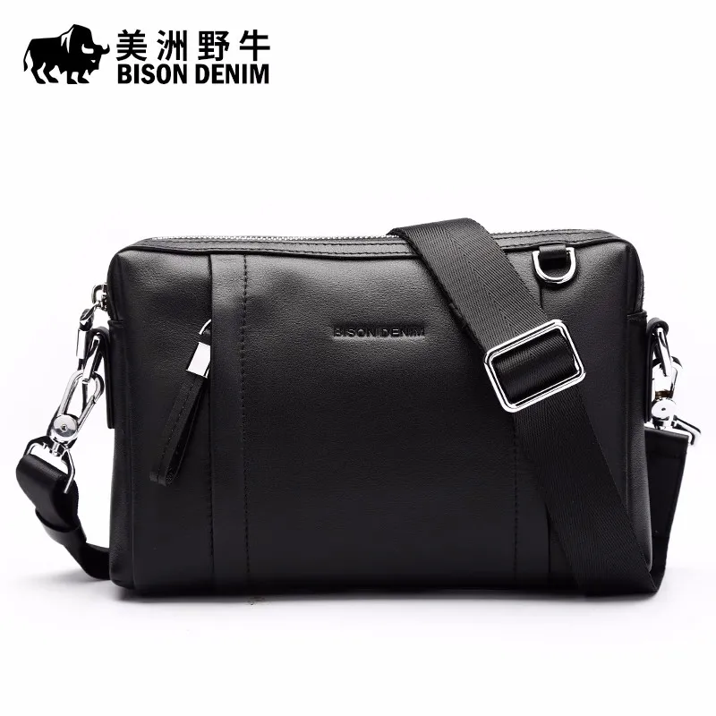 BISON DENIM 100% Genuine Leather Guarantee Crossbody Bag Black Messenger Bag Men\'s Clutch bag Zipper Wallet N8016