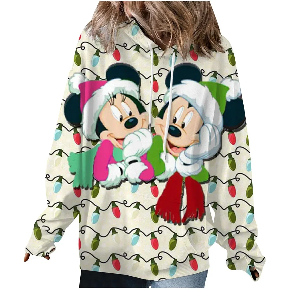 بلوفر نسائي للخريف والشتاء كاجوال فضفاض ومريح ودافئ من ديزني ميكي ماوس مطبوع برقبة دائرية