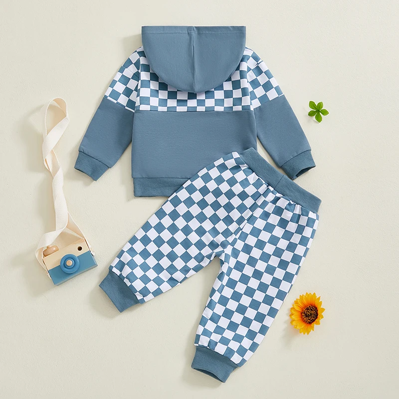 Herbst-Outfits für Kleinkinder und Jungen, kariertes Print-Langarm-Kapuzenpullover mit elastischem Bund und langen Hosen-Set