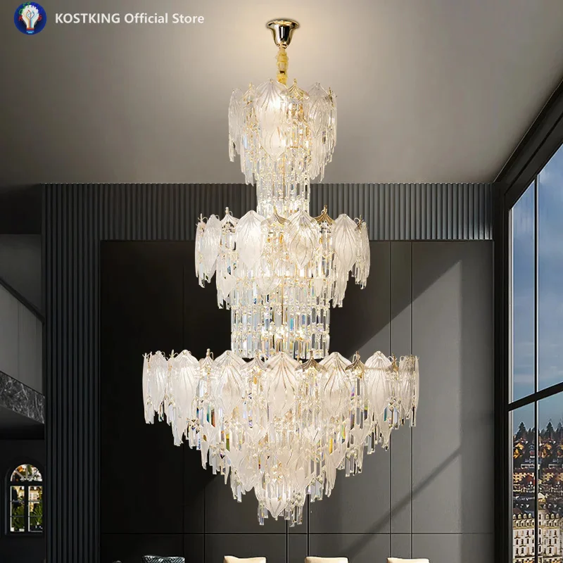 Duplex Villa Living Room Light High Ceiling Large Chandelier Luxury Glass Light Rotating Staircase Long Chandelier Crystal Light
