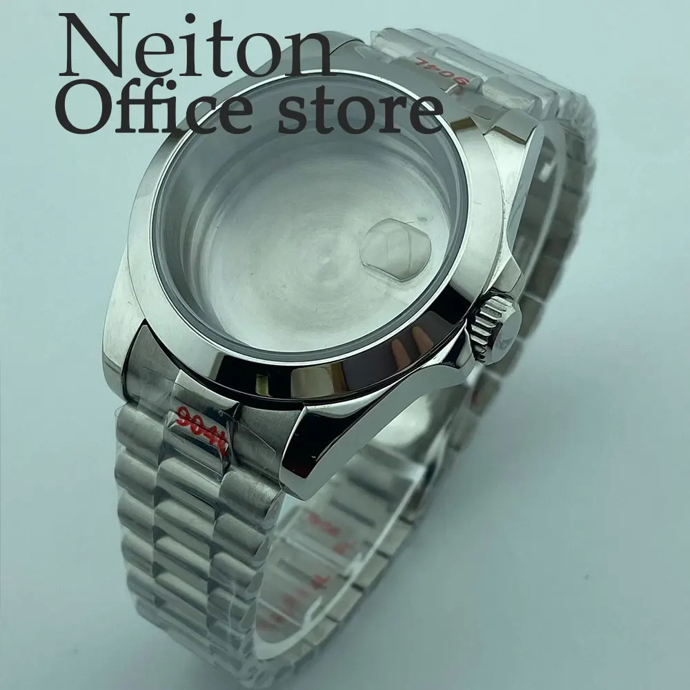 NEITON-Caja plateada para reloj, cristal de zafiro, compatible con NH35, NH36, NH34, ETA2824, PT5000, movimiento, 39mm