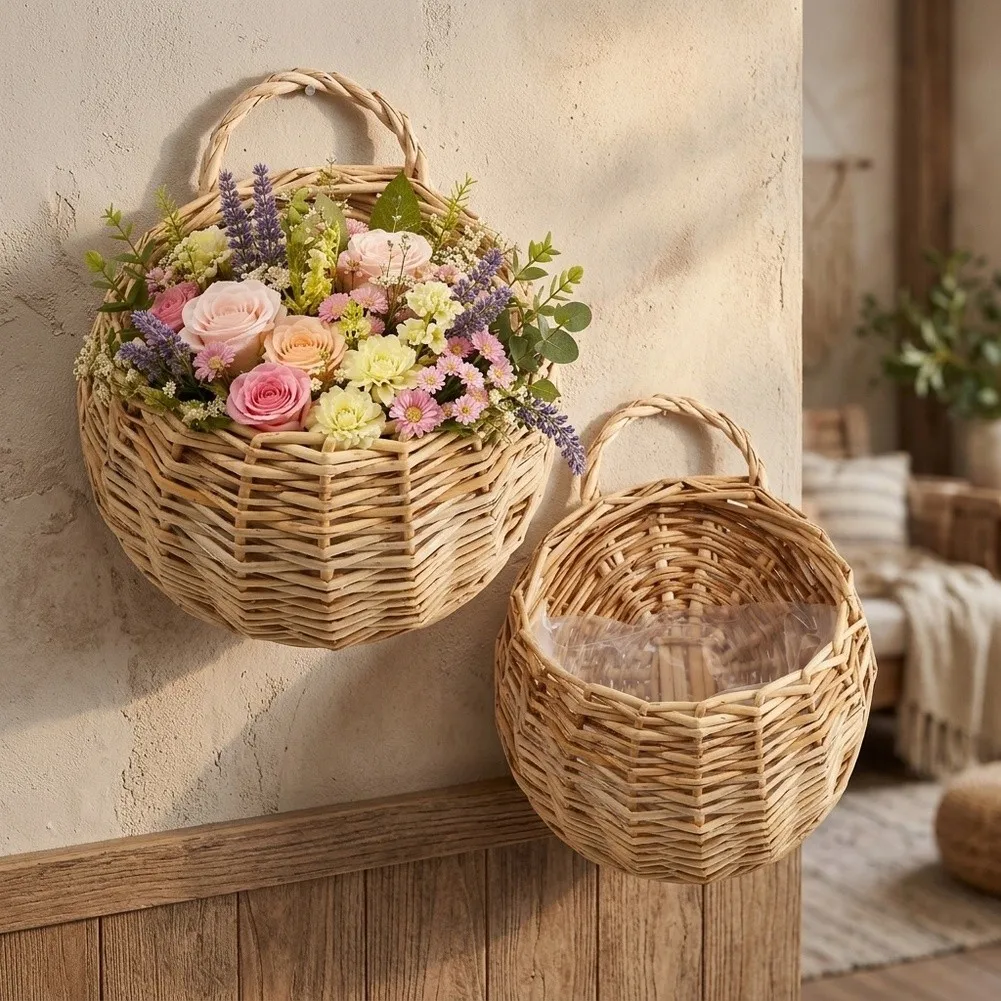Synthetic Rattan Wall Plant Holders with Breathable Design - 2 Sizes 36x29cm and 24x20cm for Indoor Outdoor Use