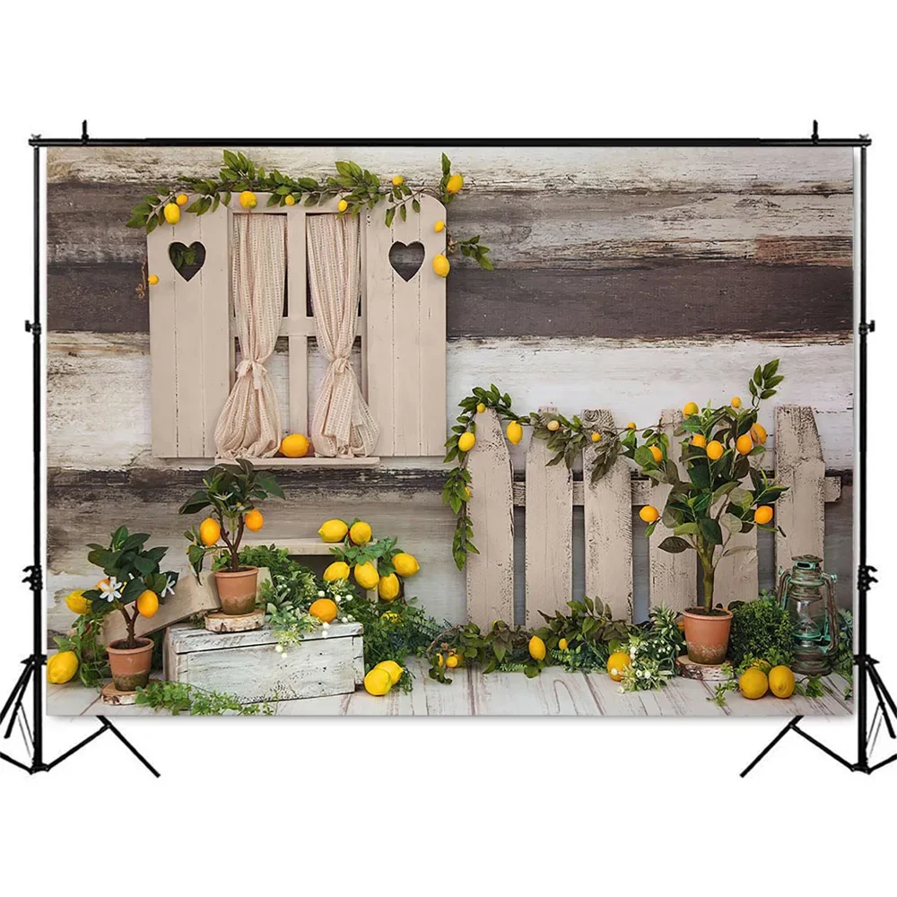 Lemon Theme Backdrop for Photography Newborn Children Birthday Theme Party Decorations Wood Board Green Leaves Supplies