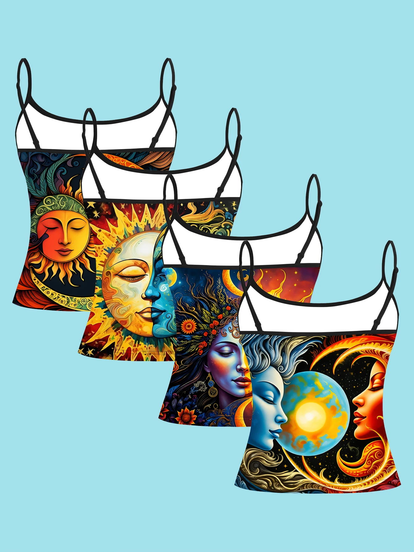 4-Piece Set of Celestial Goddess Sun and Moon Face Print Camisoles, Bohemian Starry Sky Art Spaghetti Strap Sleeveless Tops, Vintage Mysterious Astrology Style Slim-Fit Inner and Outer Wear Vest Set