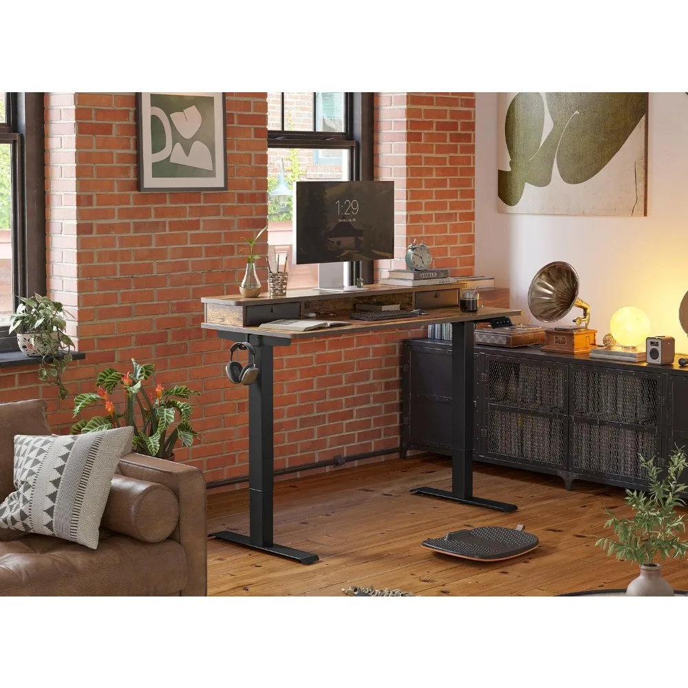 Height Adjustable Electric Standing Desk with Double Drawer, Storage Shelf, Sit Stand Table, Rustic Brown, Office Computer Desk