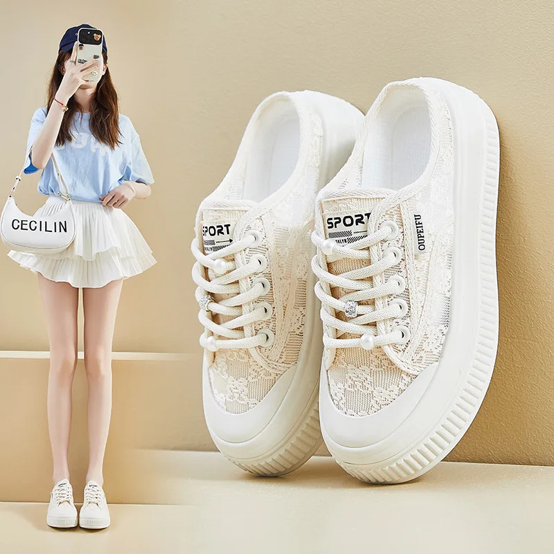 

2025 Summer New Women Slip On Canvas Shoes fashion Breathable Mesh Thick Sole Casual Sneakers