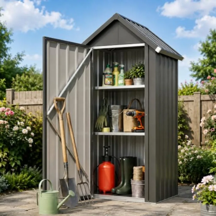 Vertical Outdoor Storage Cabinet for Patio Use, Made of Waterproof Polypropylene, Gray Color, Features Adjustable Shelves and L