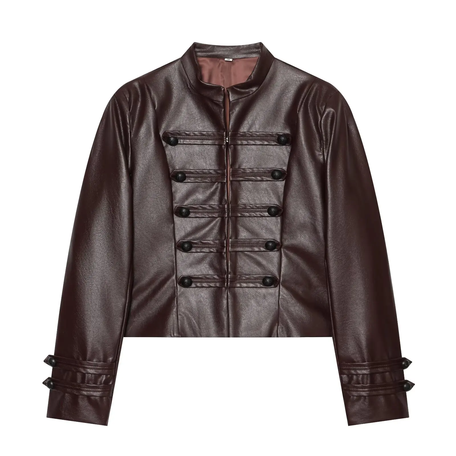2026 Autumn Women's High Street Brown Faux Leather Short Jackets Lady Retro Napoleon Knotted Buttons PU Slim Fit Coats Outerwear