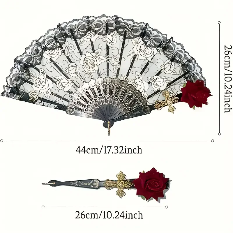 1pc/2pcs Vintage Spanish Flamenco Rose Lace Handheld Fan Elegant Black Folding Fan for Parties And Weddings