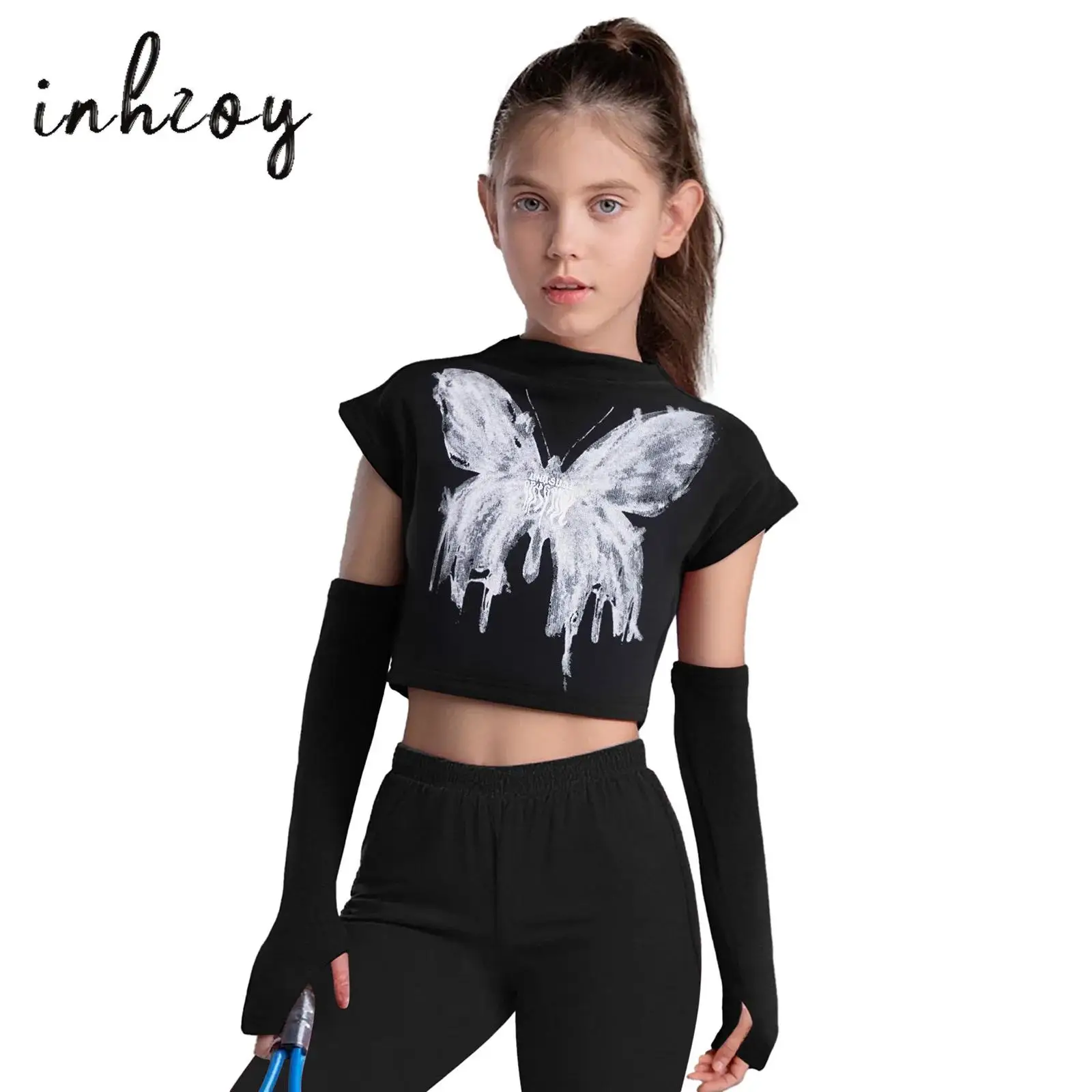 

Kids Girls Shirt Hip-Hop Jazz Dance Crop Top Fashion Butterfly Printed Mock Neck Sleeveless T-shirt with Thumbhole Gloves Set